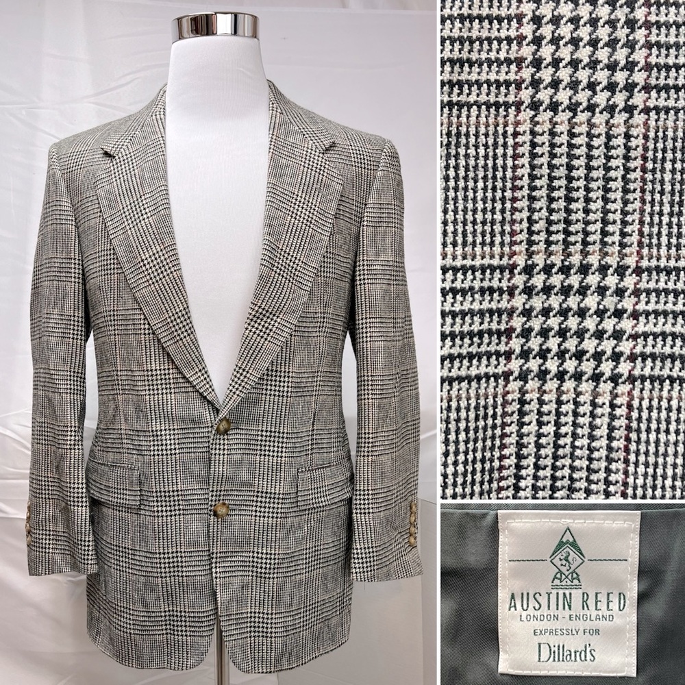 Vintage Austin Reed Beige Windowpane Plaid Houndstooth Tweed 38R Blazer Jacket